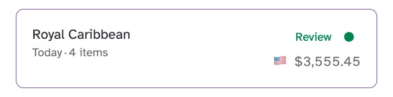 A Royal Caribbean statement in Kindra AI: four items, $3,555.45, ready for review
