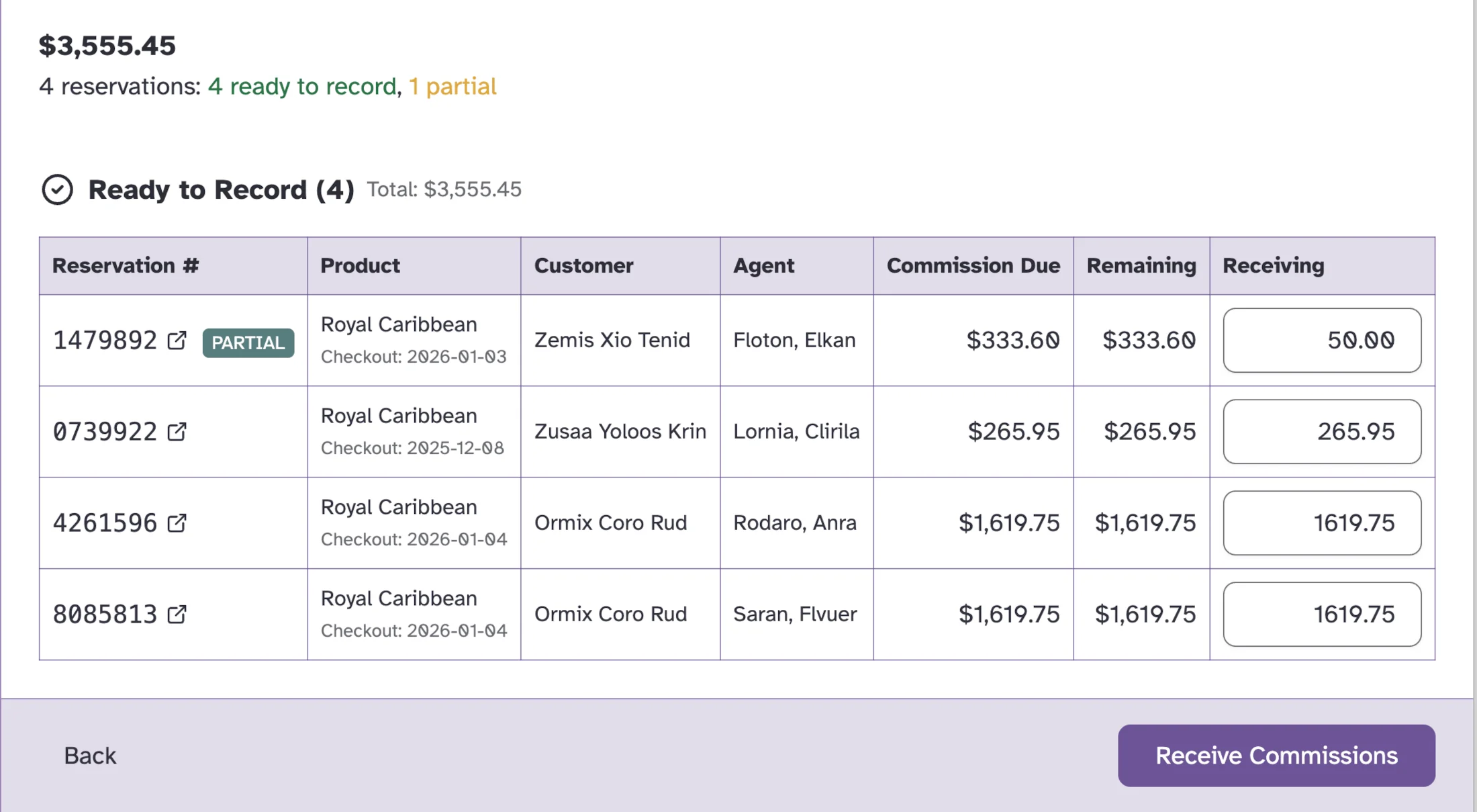 Kindra AI reconciliation showing 4 matched bookings from Royal Caribbean statement