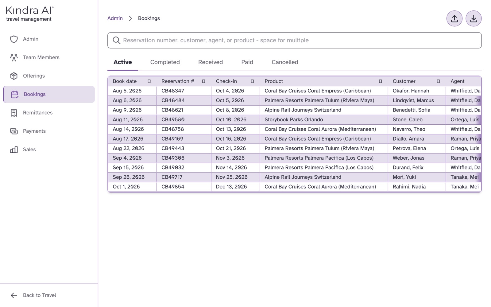 The Bookings list with a search box and Active, Completed, Received, Paid and Cancelled tabs