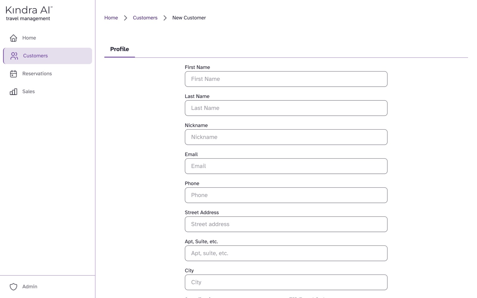 The new customer form with First Name, Last Name, Nickname, Email and Phone fields