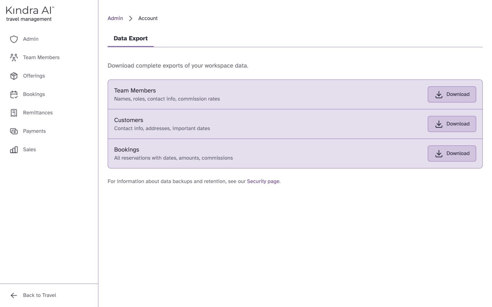 The Data Export tab with Download buttons for Team Members, Customers and Bookings