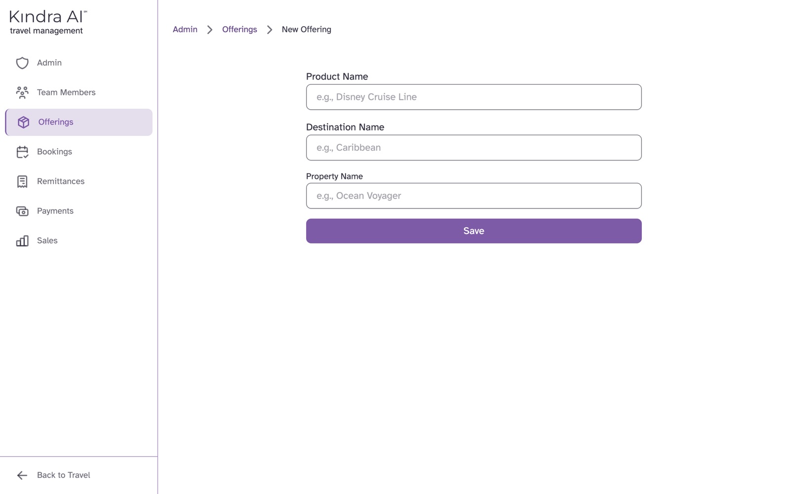 The new offering form with Product Name, Destination Name and Property Name fields