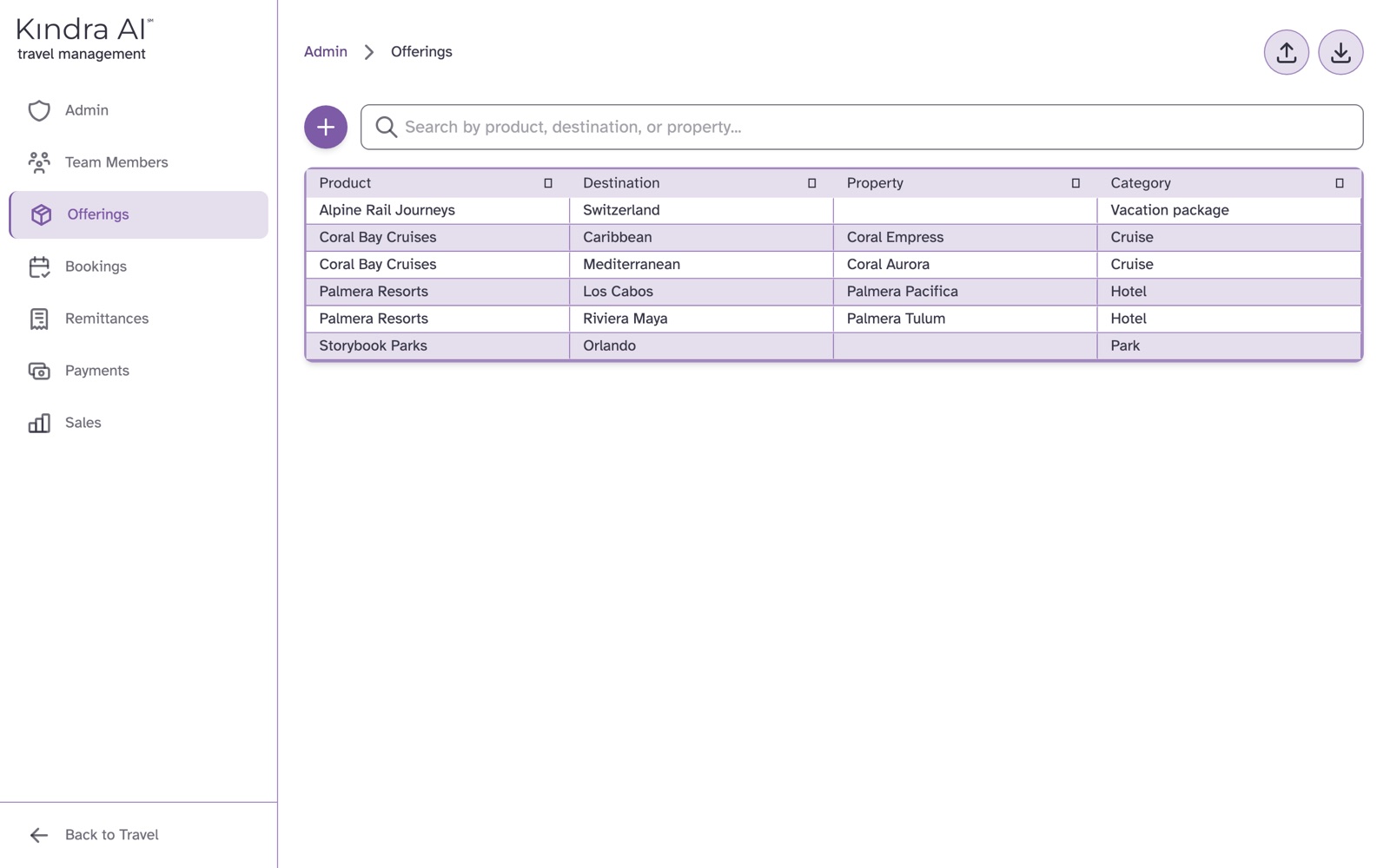 The Offerings list with Product, Destination, Property and Category columns
