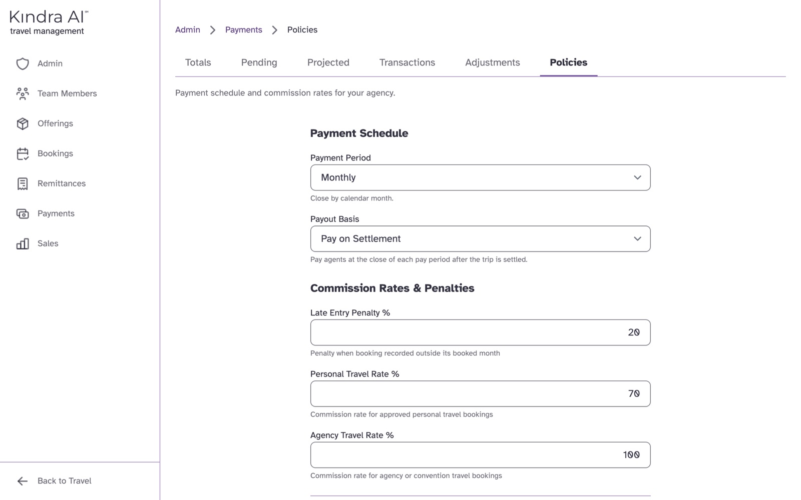The Policies tab with Payment Period and Payout Basis options and the commission rate fields