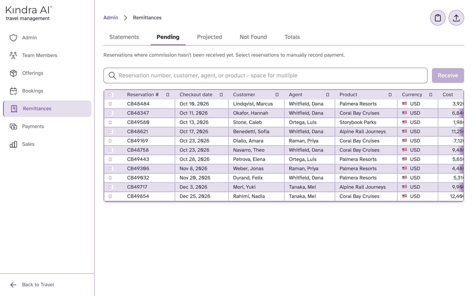 The Pending tab listing reservations with checkboxes and a Receive button