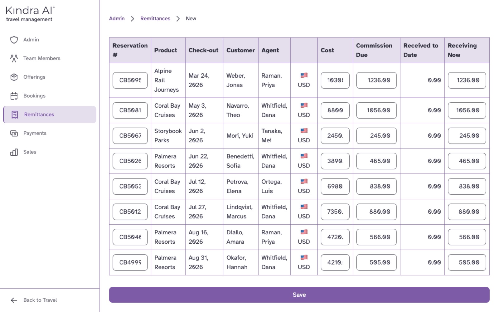 The receive form with Commission Due, Received to Date and Receiving Now for each reservation