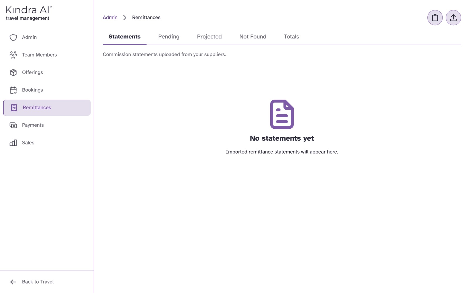 The Remittances page on the Statements tab, with paste and upload buttons at the top right