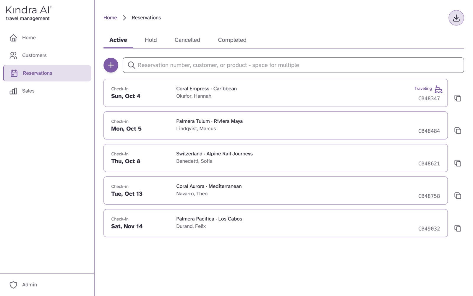 The Reservations list in the Agent portal with Active, Hold, Cancelled and Completed tabs