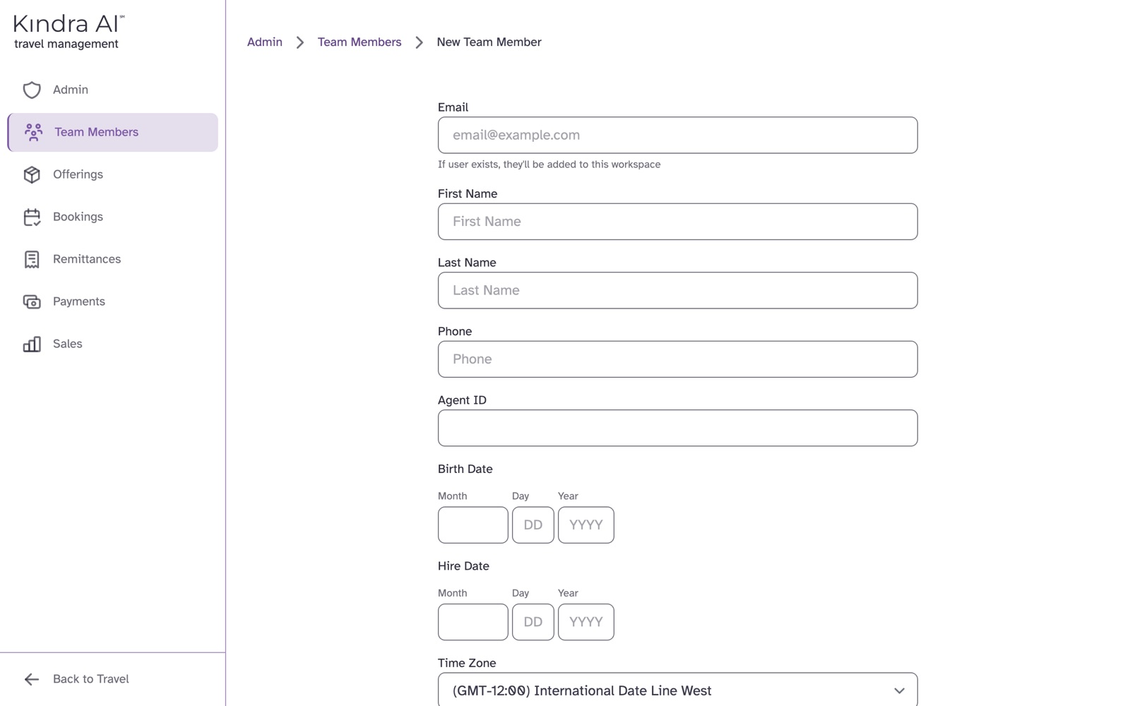 The new team member form showing Email, name, Phone and Agent ID fields