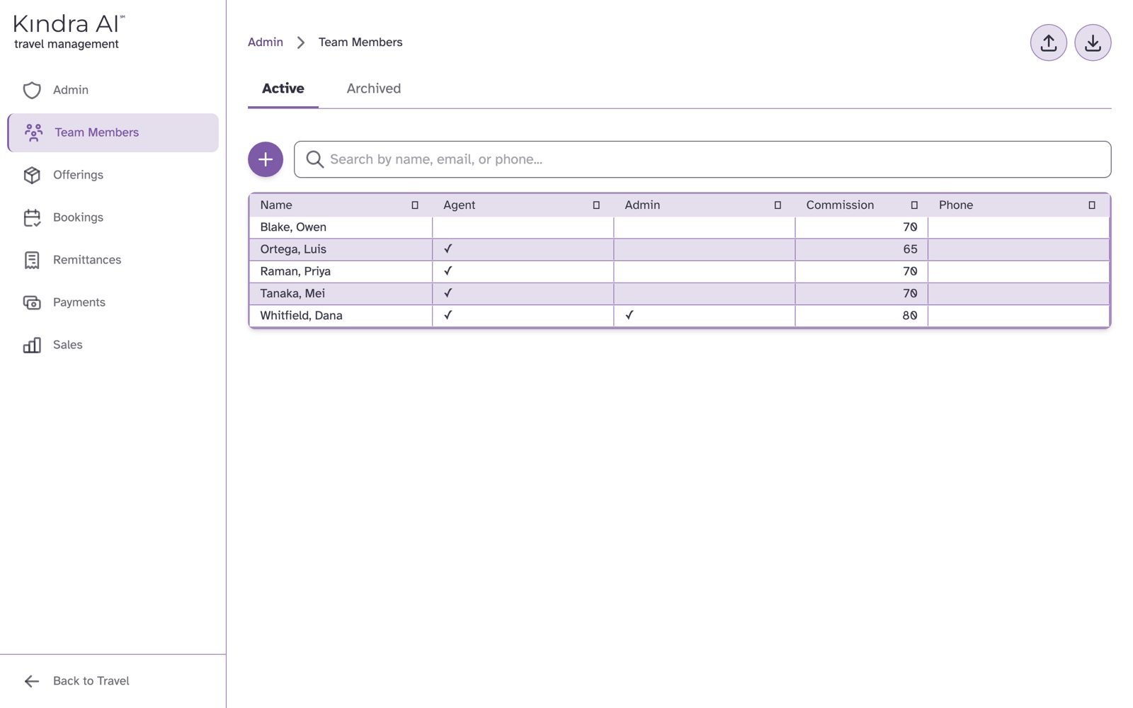 The Team Members list with Active and Archived tabs, a + button, a search box and the import and export buttons at the top right